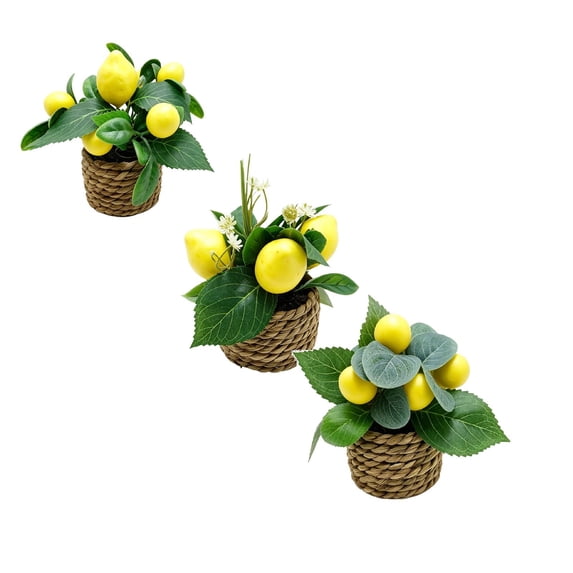 3 Pc Artificial Lemon Tree with Woven Basket, Faux Lemon Decor for Kitchen Table, Countertop, Bedroom, Office, Spring Summer Home Decoration