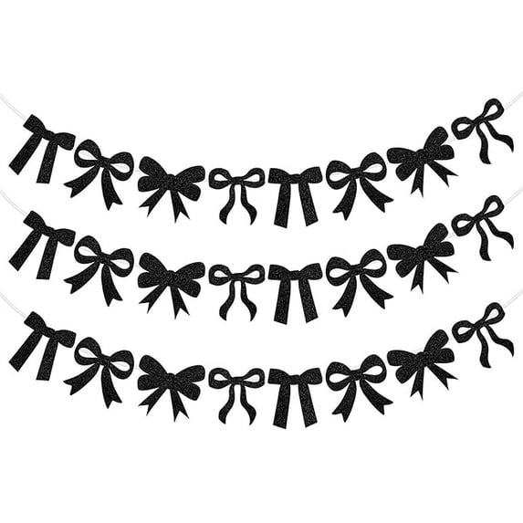 3 Pc Black Bow Themed Banner, Bow Garland Decor for Her Women, Black White Banner Party Sign for Baby Shower Wedding Bachelorette Birthday Party Decorations Supplies