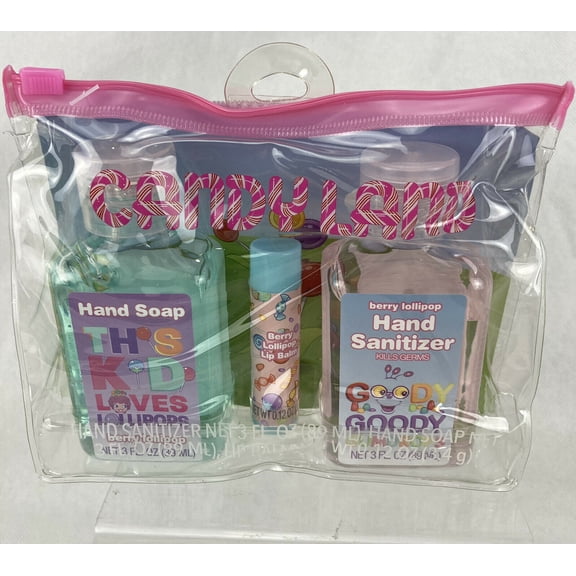 3 Pc CANDYLAND Hygiene Travel Bag Set Hand Soap Lip Balm Berry Lollipop Backpack