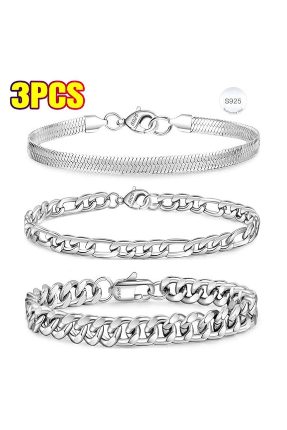 3 Pc Chain Bracelet for Men Women, S925 Sterling Silver Cuban Herringbone Figaro Link Chain Wrist Bracelets Set Jewelry Gifts