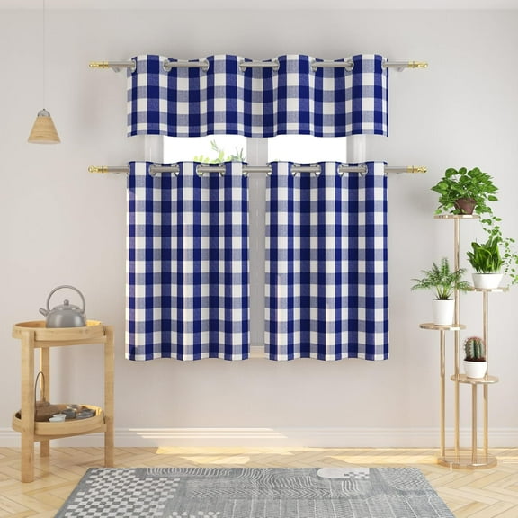 3 Pc Cotton Classic Country Farmhouse Kitchen Window Curtain Grommet Top -Navy Blue & White Buffalo Check Tier & Valance Set, 54" x 18" / 27" x 24"