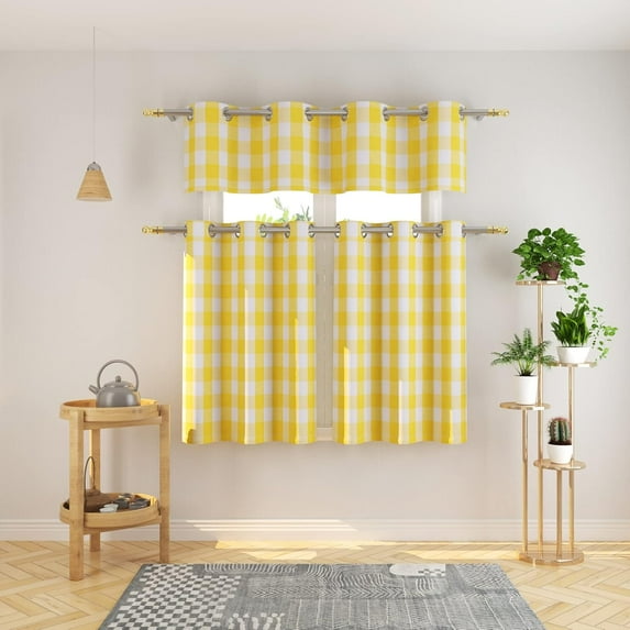 3 Pc Cotton Classic Country Farmhouse Kitchen Window Curtain Grommet Top -Yellow & White Buffalo Check Tier & Valance Set, 54" x 18" / 27" x 24"
