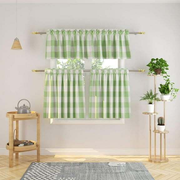 3 Pc Cotton Classic Country Farmhouse Kitchen Window Curtain -Mint Green & White Buffalo Check Tier & Valance Set, 54" x 18" / 27" x 36"