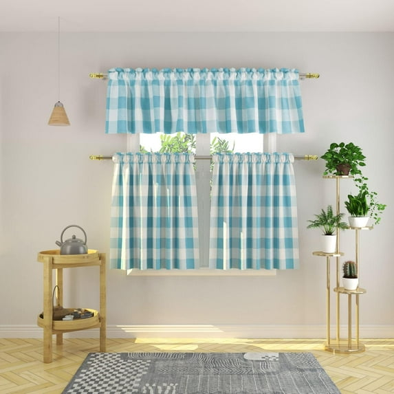 3 Pc Cotton Classic Country Farmhouse Kitchen Window Curtain - Sky Blue & White Buffalo Check Tier & Valance Set, 54" x 18" / 27" x 36"