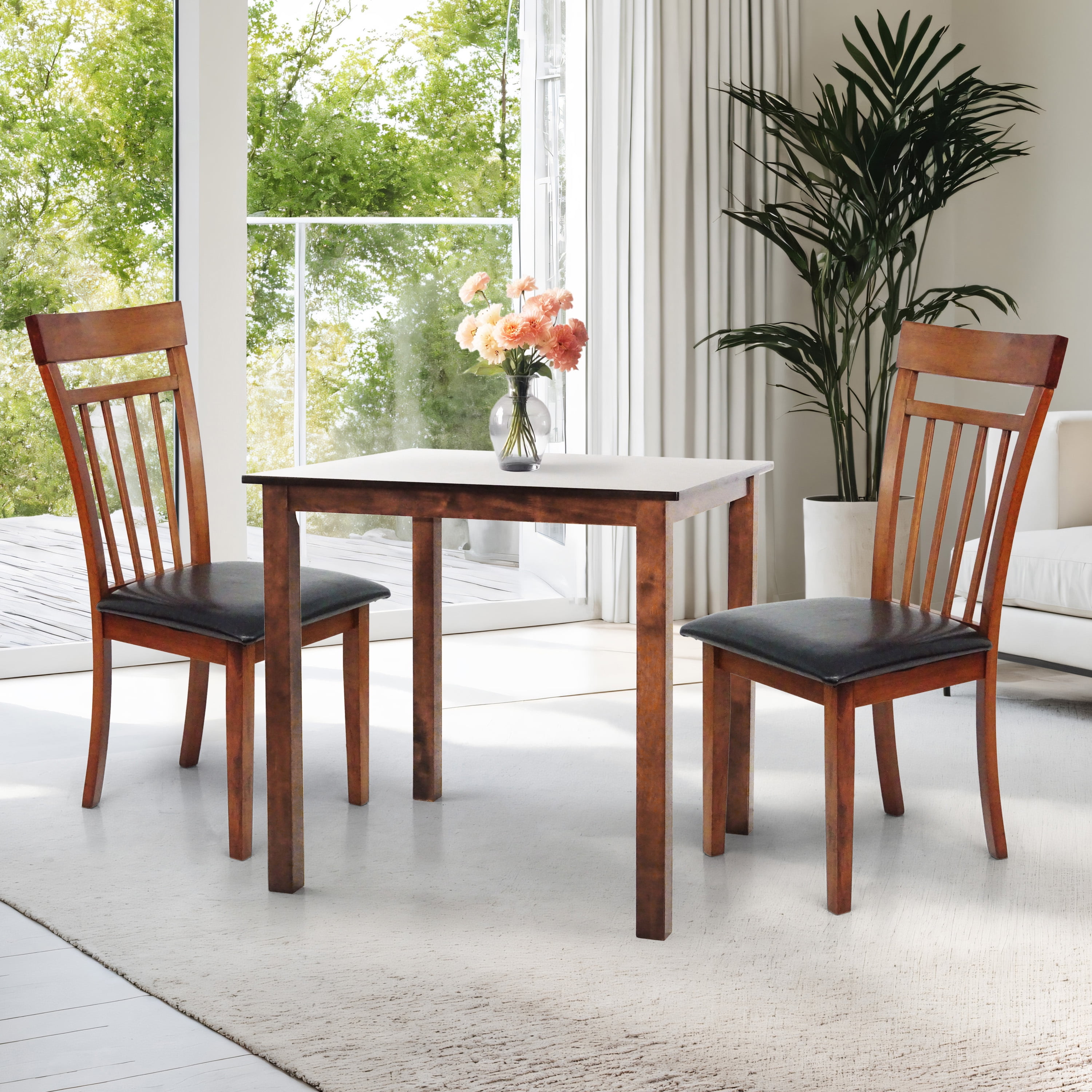 3 Pc Dining Kitchen Set of Square Table and 2 Classic Warm Solid Wooden Chairs, Medium Brown