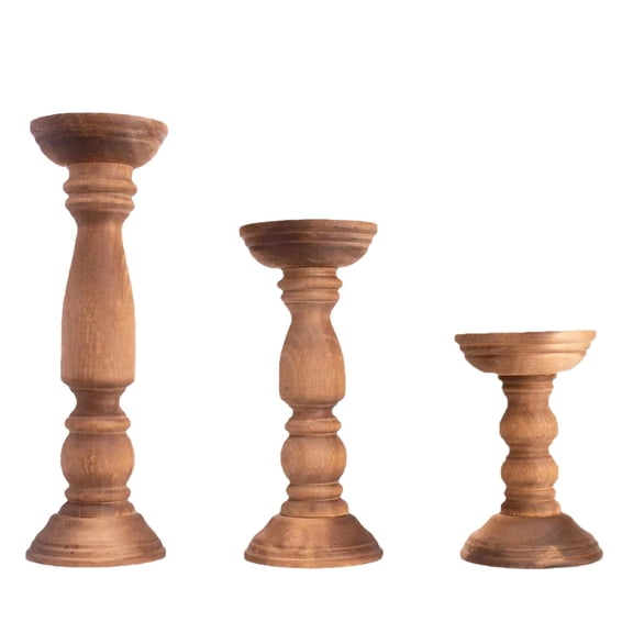 3 Pc Farmhouse Pillar Candle Holders, Rustic Wood Roman Column Candlesticks, Handmade Wooden Bases for Tabletop Decor, Holds Candles Aromatherapy