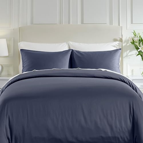 3 Pc Full/Queen Duvet Cover Set - Winner Good Housekeeping Best Bedding Awards 2025, 400 Thread Count Sateen, 100% Cotton, Button Closure, Corner Ties - Indigo Dusty Blue