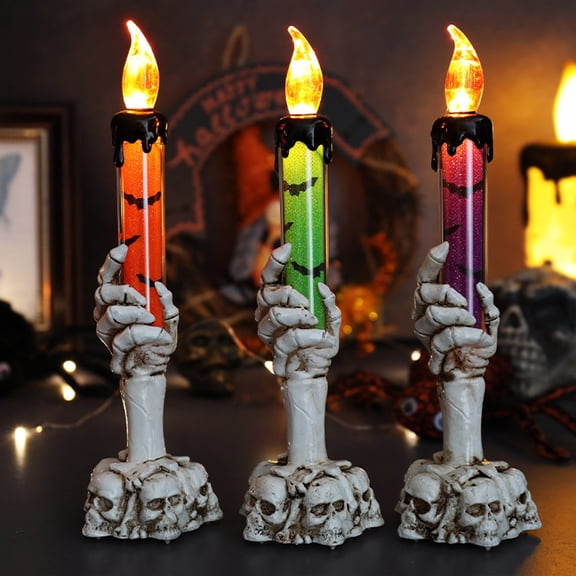 3 Pc Halloween Skeleton Hand LED Candle Light, Flameless Flickering Candle Lamp with Skull Base, Battery Operated Spooky Tabletop Decoration for Haunted House Party