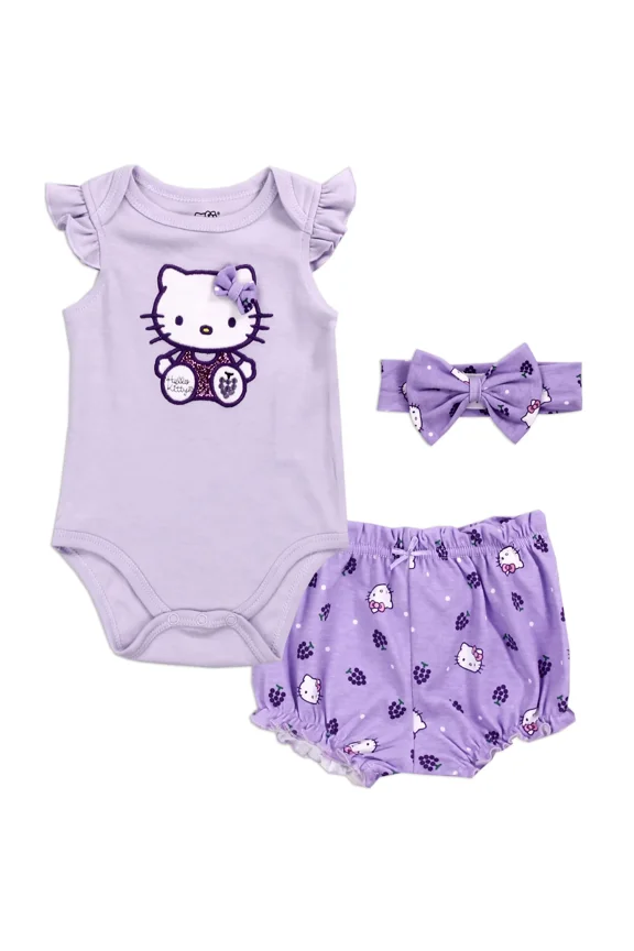 3 Pc Hello Kitty Gift Set Bodysuit Headband Shorts Purple & White Glitter Size 3 Months