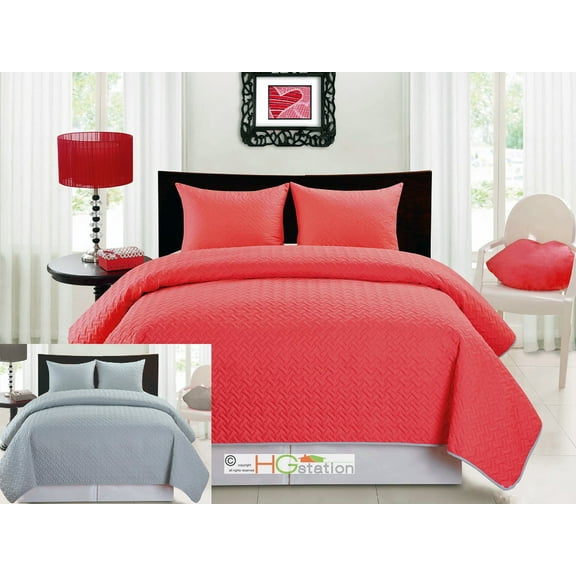 3-Pc Herringbone Reversible Quilt-like BedSpread Blanket Set Shams Hot Pink fuchsia Gray Silver Queen