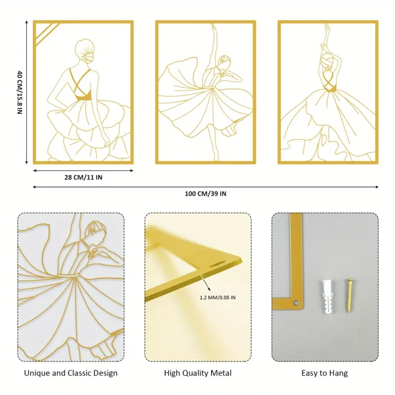 3 Pc Metal Modern, Abstract Line Drawing Female Dancer, Minimalist Feminine Wall Decor, Simple Line Wall Art Home Decor Dance