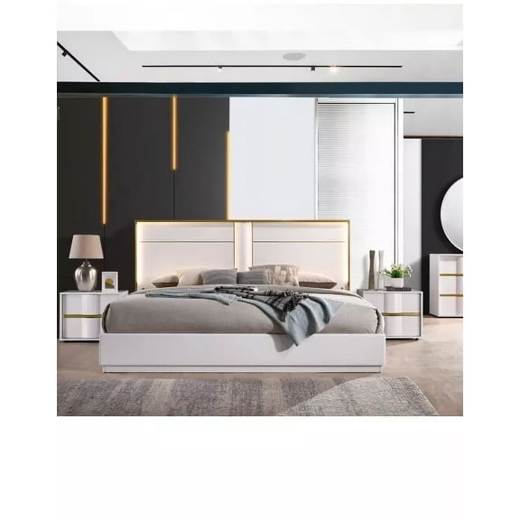 3 Pc Modern Bedroom Set, Eastern King Platform Bed w/ LED Headboard, 2 Nightstands, White Lacquer Finish