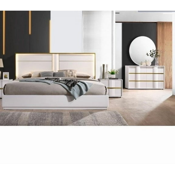 3 Pc Modern Bedroom Set, Queen Platform Bed w/ LED Headboard, Dresser and Mirror, White Lacquer Finish