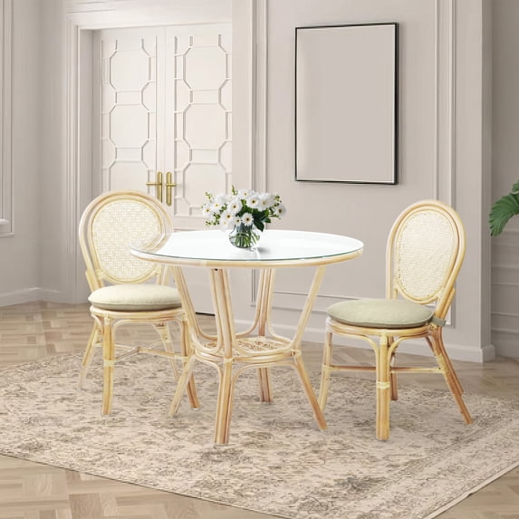 3-Pc Rattan Wicker Dining Set Round Table Glass Top and 2 Denver Side Chairs with Cream Cushions, Natural Color