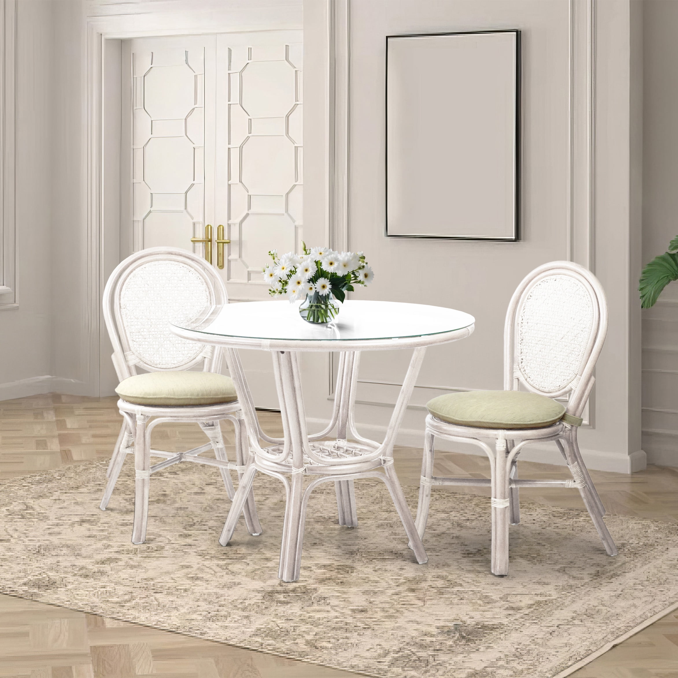 3-Pc Rattan Wicker Dining Set Round Table Glass Top and Denver