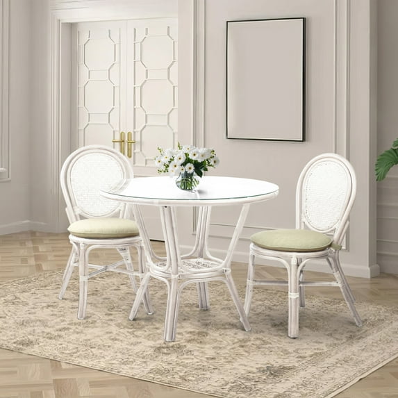 3-Pc Rattan Wicker Dining Set Round Table Glass Top and 2 Denver Side Chairs with Cream Cushions, White