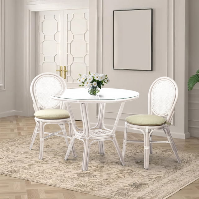 Cream Rattan Dining Set 3-Pc Rattan Wicker Dining Set Round Table Glass Top and 2 Denver Side ...