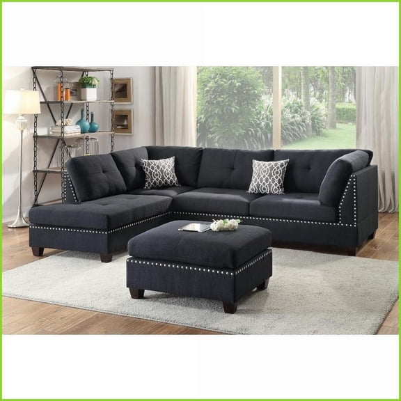 3-Pc Reversible Sectional Sofa with Ottoman – Linen-Like Polyfiber, Plush Cushions for Living Room | Black | Tufted Back | Square Arms