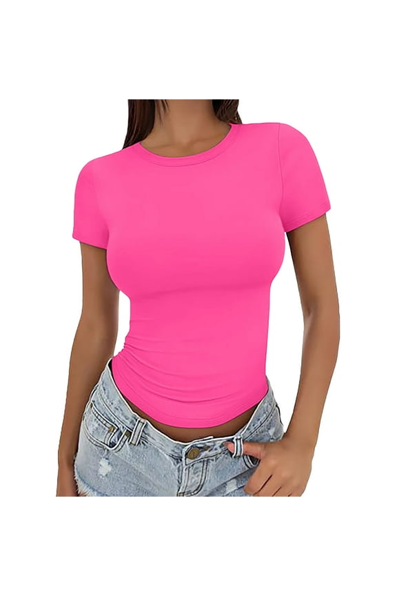 3 Pc Short Sleeve Shirts for Women Crewneck T Shirt 2026 Trendy Women's Clothing Breathable Loose Fit Womens Tops Hot Pink