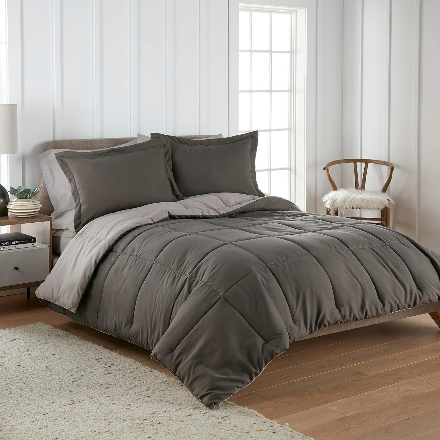 3 Pc Super Soft Light Grey/Dark Grey Reversible Comforter King Bed Set