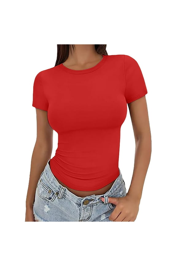 3 Pc Tshirts Shirts for Women Crewneck Cute Clothes Boho Fitness Clothing Breathable Cozy Womens Short Sleeve Tops Red1