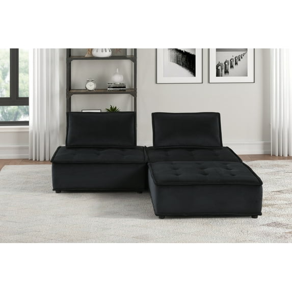 3 Pc Velvet Sectional Ottoman Sofa, L-Shaped Convertible Sectional Sofa Couch Ottoman,Couches for Living Room Set,Retro Revival Sofa Set for Bedroom,Home and Office,Black