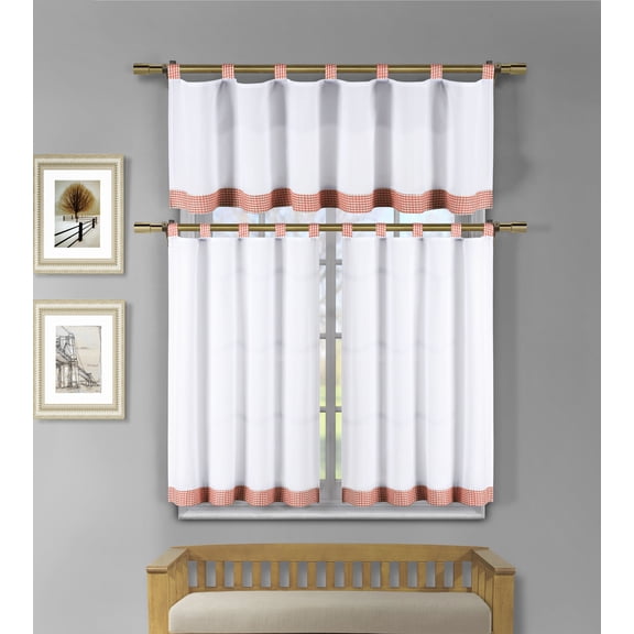 3 Pc White Kitchen Window Curtain Set: Orange Check Design, 1 Valance, 2 Tiers