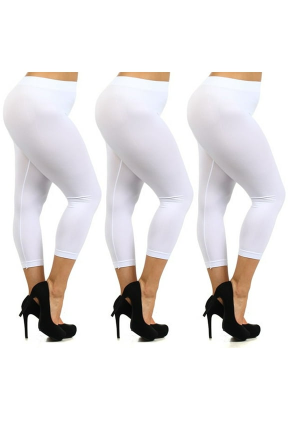3 Pc Women Capri Leggings Plus One Size Stretch Pants Seamless Basic Yoga White