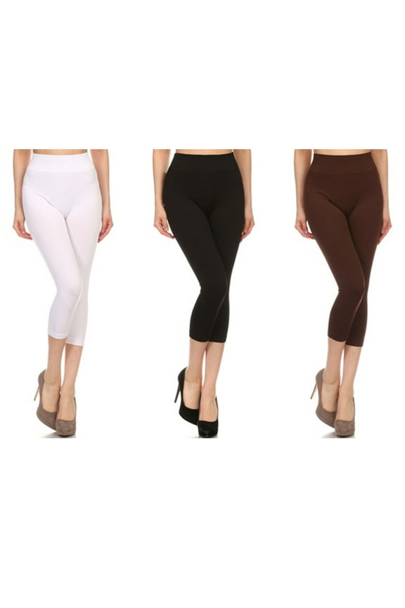 3 Pc Womens Legging Capri Cut Bottoms Seamless Stretch Cropped White Brown Black