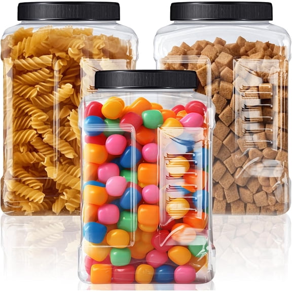 3 Pcs 1 Gallon Clear Plastic Jar with Lid Wide Mouth Square Screw Top Food Storage Containers, PET Plastic Empty Grip Jar Canisters for Candy Cookies Kitchen Food Safe(Black Lid)