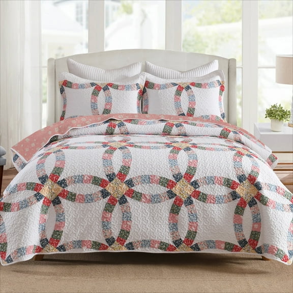 3 Pcs 100% Cotton Double-Ring Chain Patchwork Quilt Bedspread Set |Sofa and Breathable Bed Coverlet Set Rustic/Lodge Style