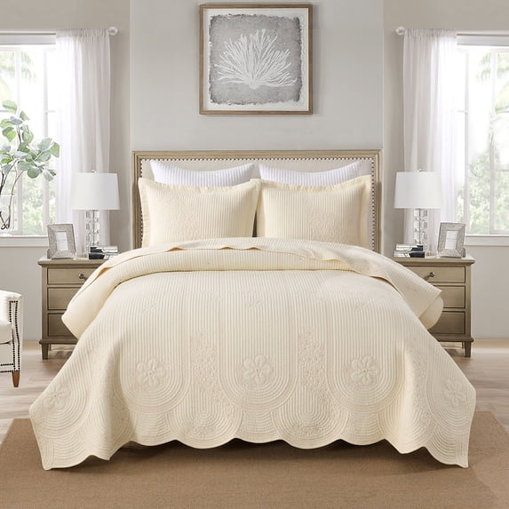 3 Pcs 100% Cotton Embroidered Bedspread Set, King/Queen Floral Stitching with Decorative Scalloped Edges, Lightweight All Season Comforter
