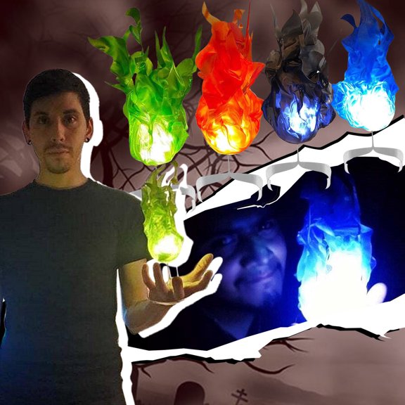 3 Pcs 11.8 Inch Hands-Free Floating Fireball Illusion Prop Two-Tone Colored Cloth LED Flame Light Adjustable Wrist Strap Round Safe Edge Halloween Haunted House Party Decor