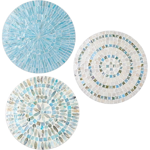 3 Pcs 11.8 Inches Spring Summer Blue Mother of Pearl Shell Plate Coastal Wall Art Mosaic Wall Sculpture Shell Handmade Hanging Plates Arts for Bedroom Bathroom Home Office Hotel