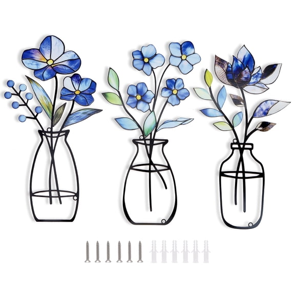 3 Pcs 11.81in Metal Flower Wall Art Minimalist Metal Flower Wall Decor with Pre Drilled Holes for Home Living Room Bedroom Porch