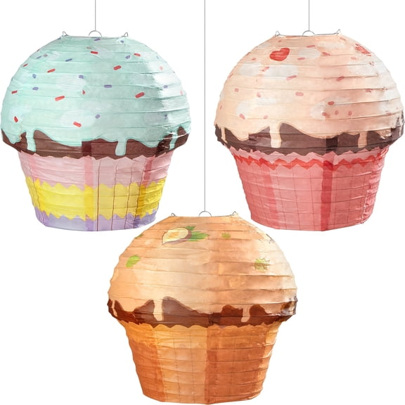 3 Pcs 12 Inch Cupcake Paper Lantern Set, Candy Theme Hanging Party Decorations Donut Ice Cream Dessert Style for Birthday Wedding Bridal Shower Celebration Decor