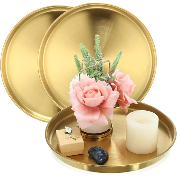 3 Pcs 12 Inch Gold Serving Tray, Stainless Steel Round Decorative Vanity Plates, Jewelry Makeup Organizer, Reusable Food Display Dish for Gift, Wedding, Christmas, Bathroom, Coffee Table