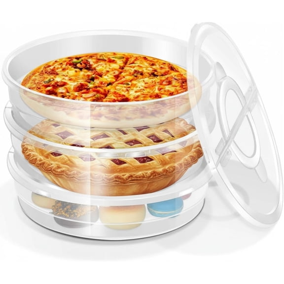 3 Pcs 12 Inch Pie Carrier with Lid and Handle, 2 Compartments Food Storage Container Round Pizza Holder Reusable Pizza Keeper for Egg Cheese Tortilla Pastry Cakes Desserts