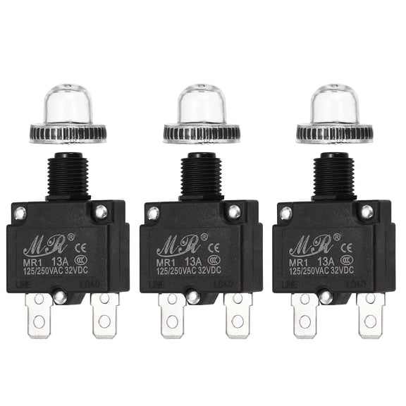 3 Pcs 13Amp Push Button Circuit Breaker,125/250V AC 32V DC with Waterproof Caps