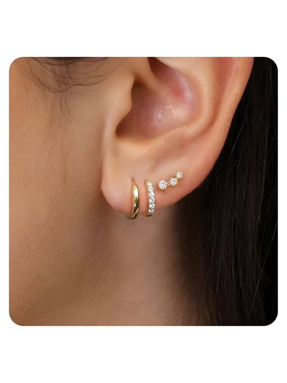 3 Pcs 14K Gold Plated Earring Set for Women, Hypoallergenic Stud Earrings, Trendy Stackable Minimalist Jewelry Gift