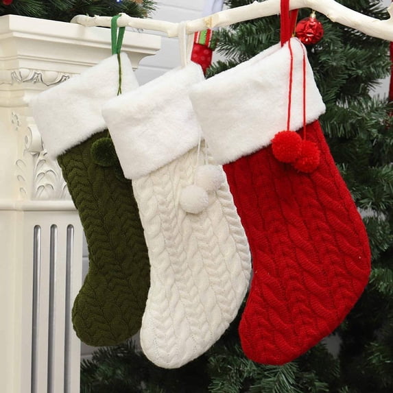 3 Pcs 16" Christmas Stockings, Personalized Cozy Cable Knit Hanging Stocking Christmas Gift Bag for Indoor Christmas Decor, 3 Colors (Green, White, Red)