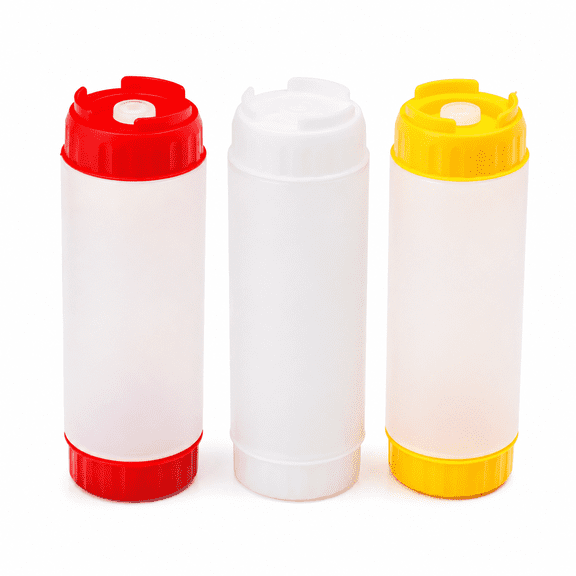 3 Pcs 16 Oz Inverted Squeeze Bottles for Condiments, Dual-Tip Dispensing, Leak-Proof Hanging Design Yellow Red White