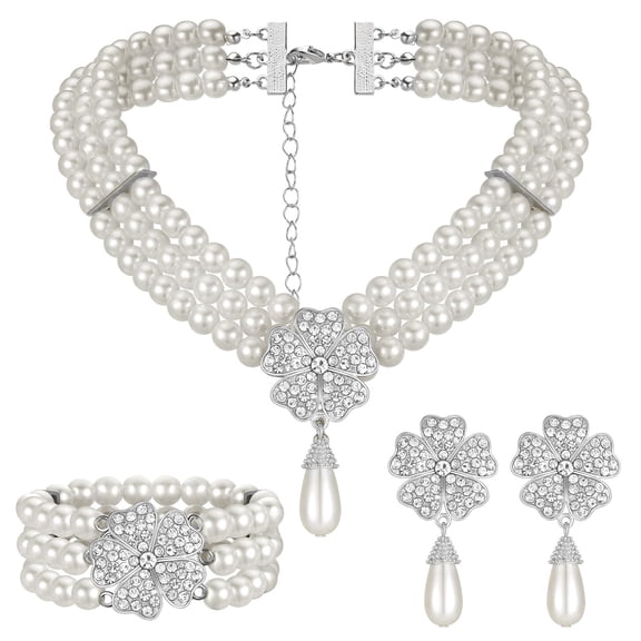 3 Pcs 1920s Pearl Jewelry Set Includes Vintage Flapper Earrings Multilayer Imitation Pearl Necklace Bracelet for Women