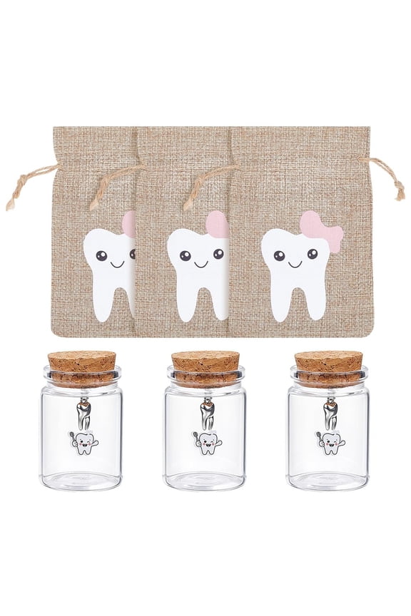 3 Pcs 2.17inch Tooth Storage Glass Bottles Glass Bottles with Cork First Tooth Glass Keepsake with 3 Pcs Alloy Charms and Pink Fairy Tooth Bags