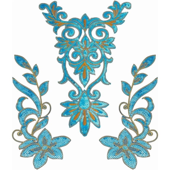 3 Pcs 2 Styles Sequin Fine Appliques Iron on/Sew on Patch Deep Sky Blue Polyester Ethnic Style Retro Boho Embroidered Decals Trims