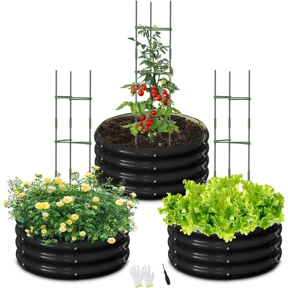 3 Pcs 24x24x12in Round Galvanized Raised Garden Bed Kit with 47"H Tomato Cages, Outdoor Metal Planter Box Raised Garden Beds for Gardening Vegetables Flowers, Black
