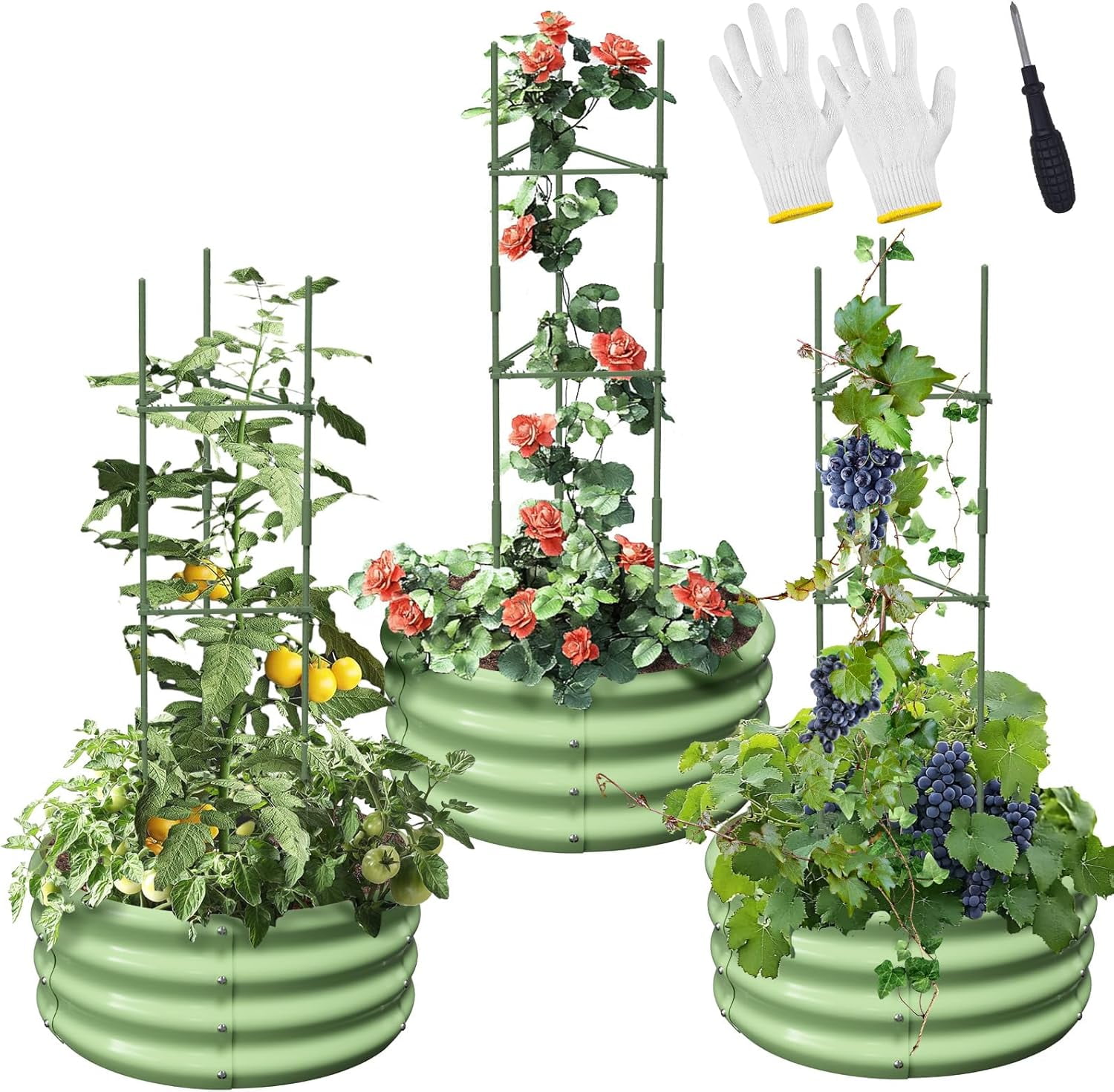 3 Pcs 24x24x12in Round Galvanized Raised Garden Bed Kit with 47"H Tomato Cages, Outdoor Metal Planter Box Raised Garden Beds for Gardening Vegetables Flowers, Green