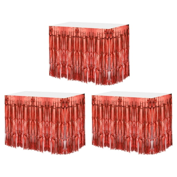 3 Pcs 29x108 Inch Red Metallic Foil Fringe Tinsel Table Skirts