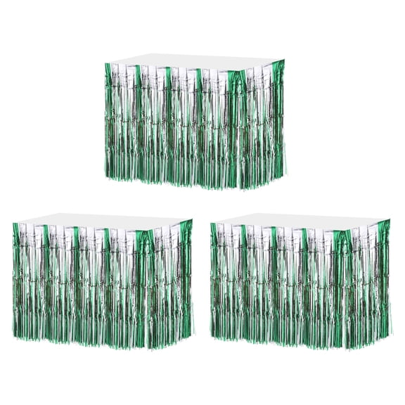 3 Pcs 29x108 Inch Silver Green Metallic Foil Fringe Tinsel Table Skirts