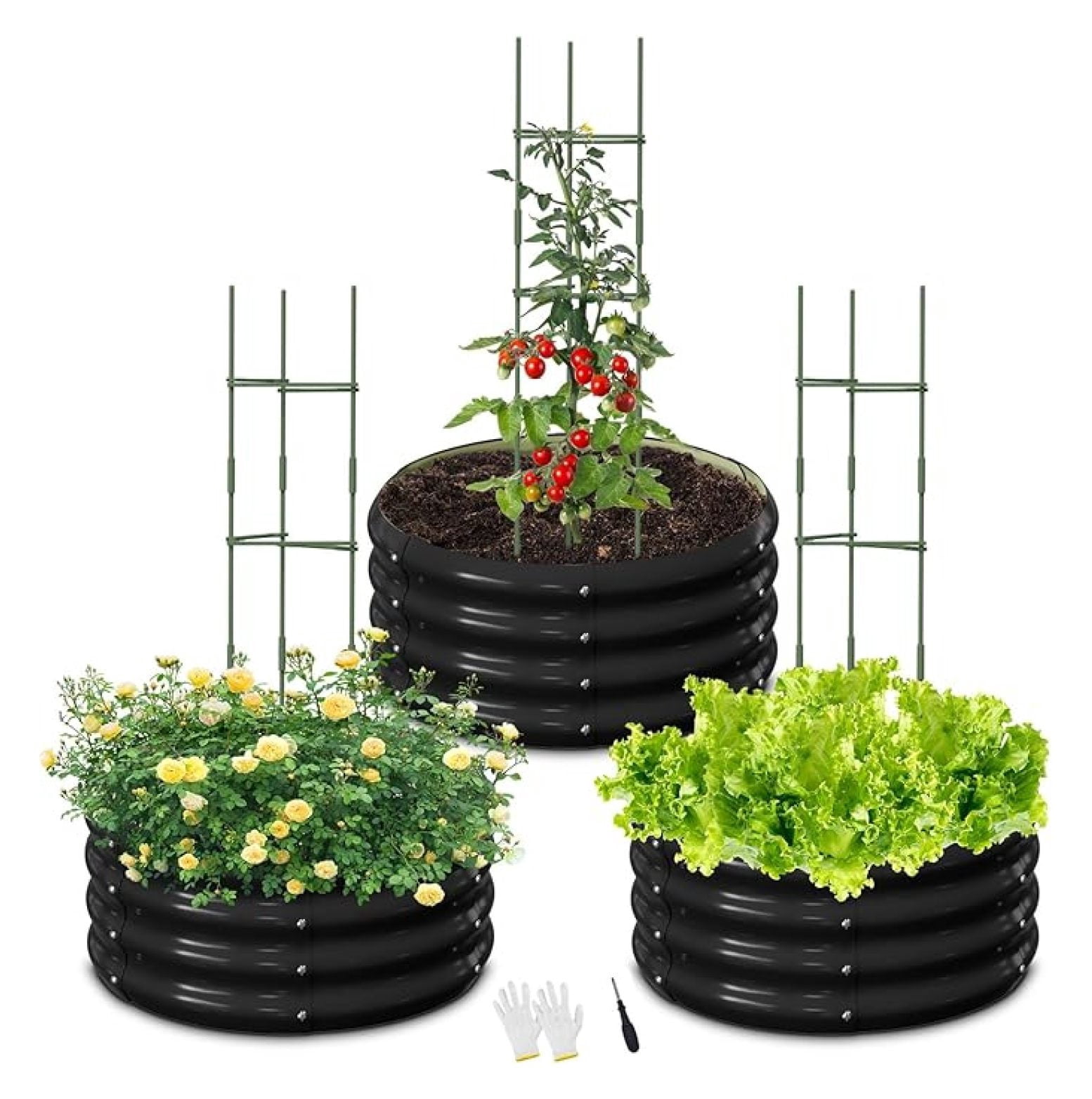 3 Pcs 2x2x1ft Round Galvanized Raised Garden Bed Kit with Tomato Cages ...